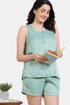 Zivame Checkered Sheen Woven Shorts Set - Granite Green — thumbnail 1
